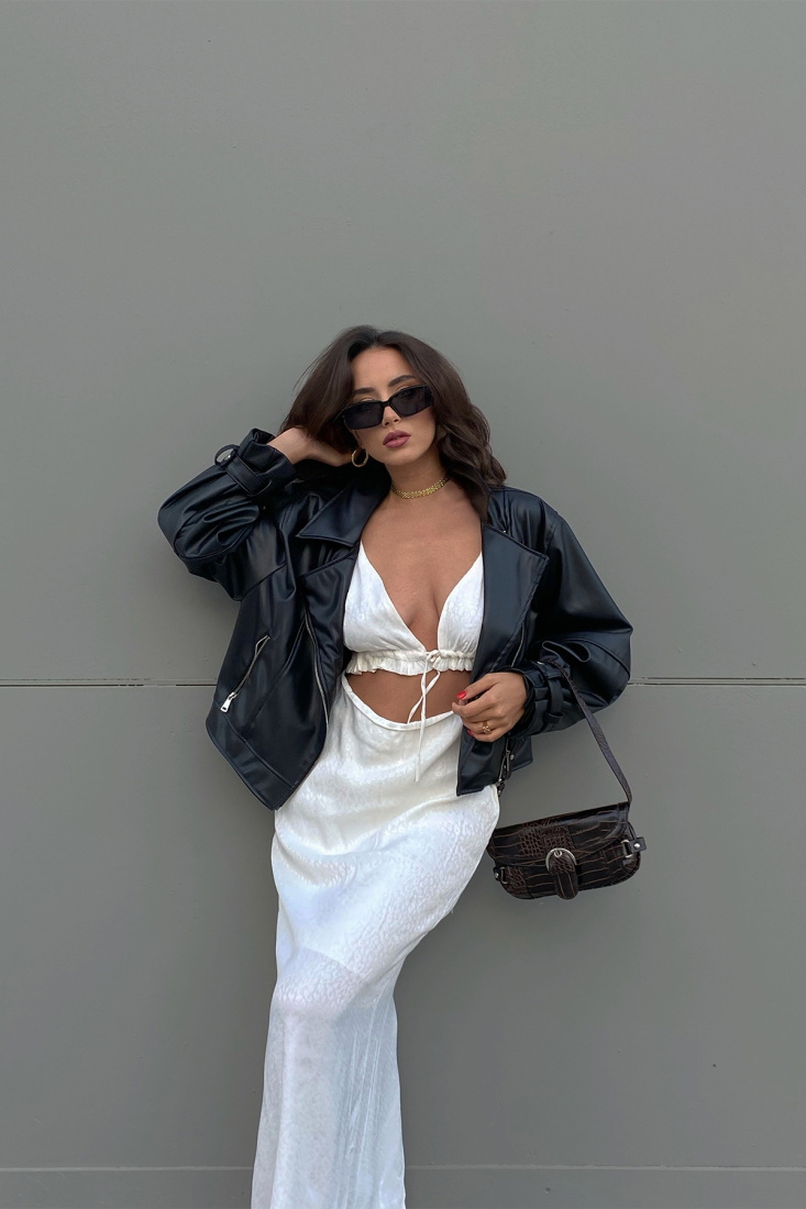 Beyaz Bağlamalı Uzun Elbise ATE2360 - EYYO