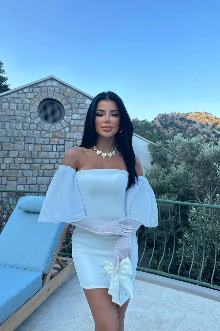 Beyaz Balon Kol Straplez Elbise ATE7431 - EYYO