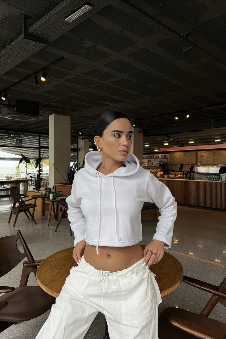 Beyaz Basic Kapşonlu Sweat ATE2168 - EYYO