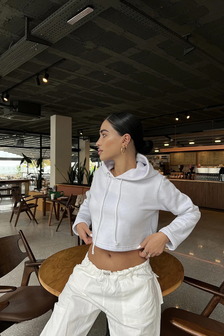 Beyaz Basic Kapşonlu Sweat ATE2168 - EYYO