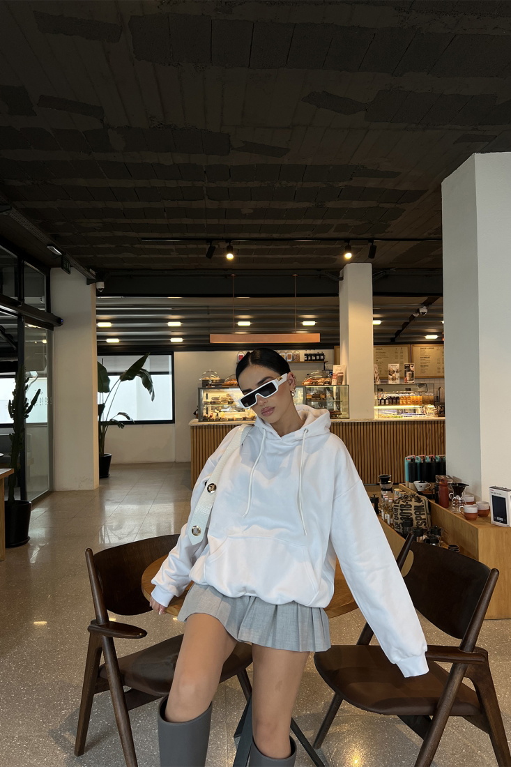 Beyaz Basic Kapşonlu Sweat ATE2955 - EYYO