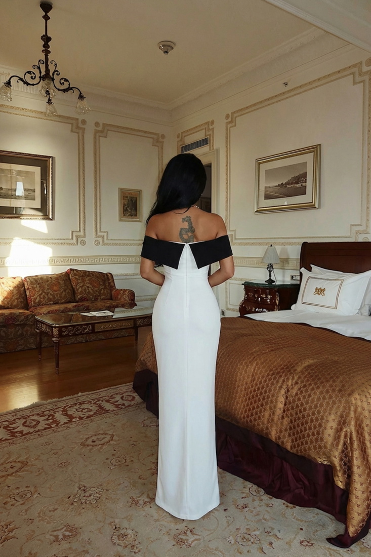 Beyaz Raina Çift Renk Elbise ATE-2695 - EYYO