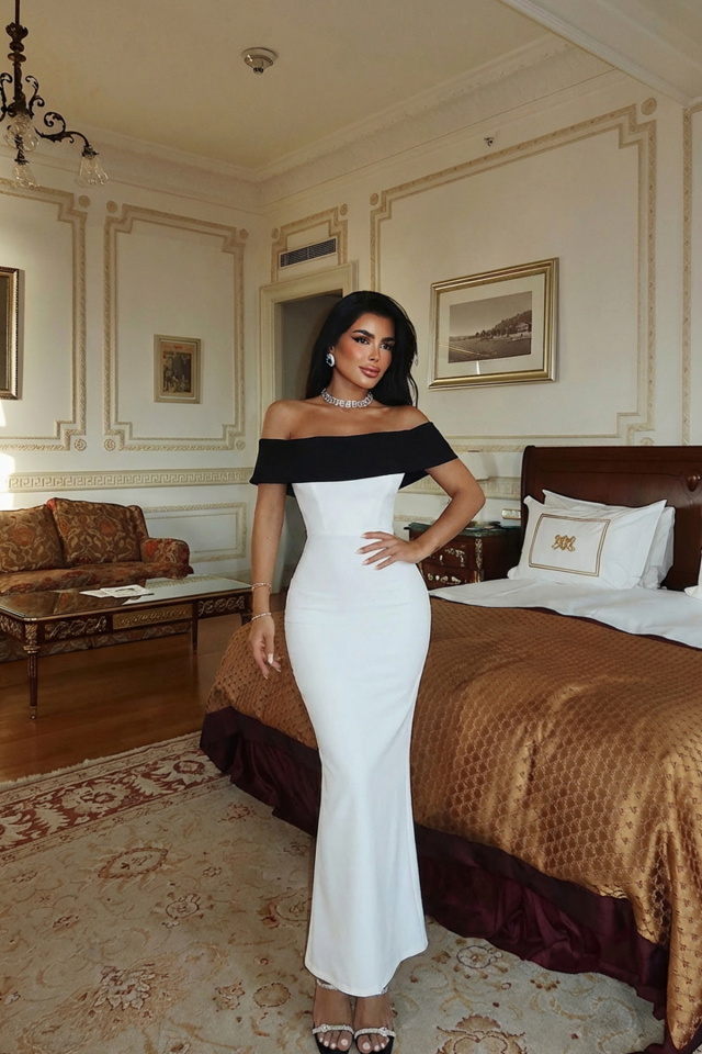 Beyaz Raina Çift Renk Elbise ATE-2695 