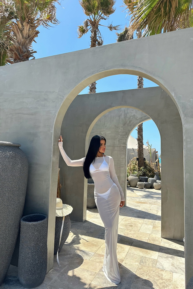 Beyaz Eliza Tül Plaj Elbisesi ATE-1054 