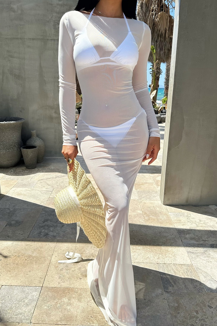 Beyaz Eliza Tül Plaj Elbisesi ATE-1054 - EYYO