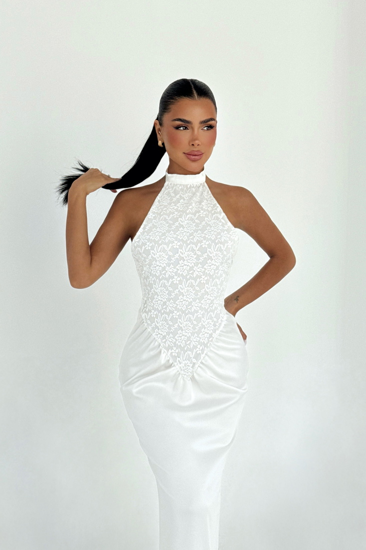 Beyaz Marlo Dantel Detaylı Saten Elbise ATE-3451 - EYYO