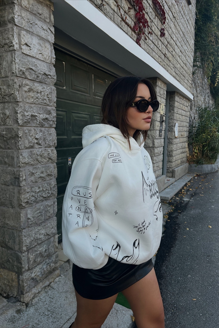 Beyaz Baskılı Kapşonlu Sweat ATE2551 - EYYO