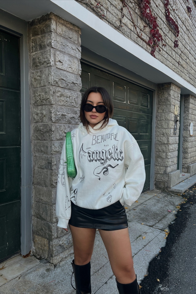 Beyaz Baskılı Kapşonlu Sweat ATE2551 - 1