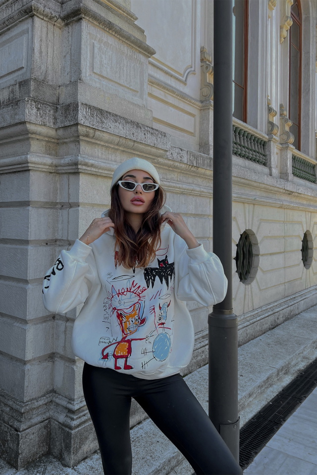 Beyaz Baskılı Oversize Kapşonlu Sweat ATE3233 - 3