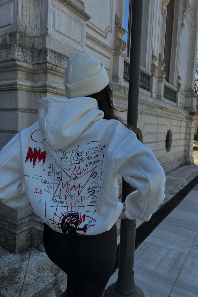 Beyaz Baskılı Oversize Kapşonlu Sweat ATE3233 - 2