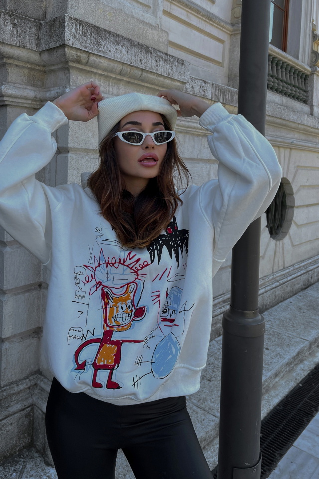 Beyaz Baskılı Oversize Kapşonlu Sweat ATE3233 - 4