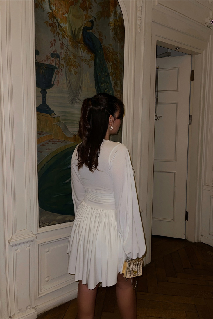 Beyaz Bel Büzgülü Mini Elbise ATE3019 - EYYO