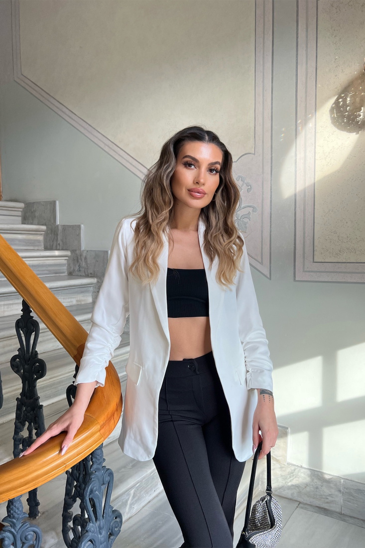 Beyaz Blazer Kruvaze Yaka Ceket ATE4362 - EYYO