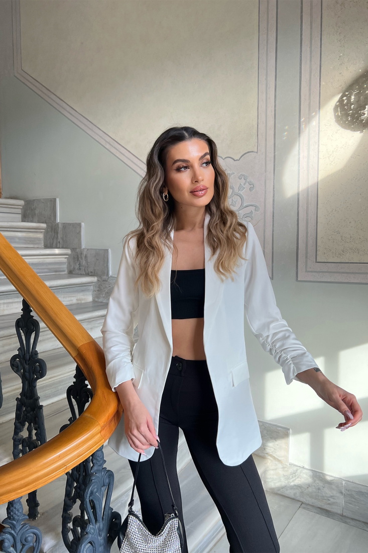 Beyaz Blazer Kruvaze Yaka Ceket ATE4362 - EYYO