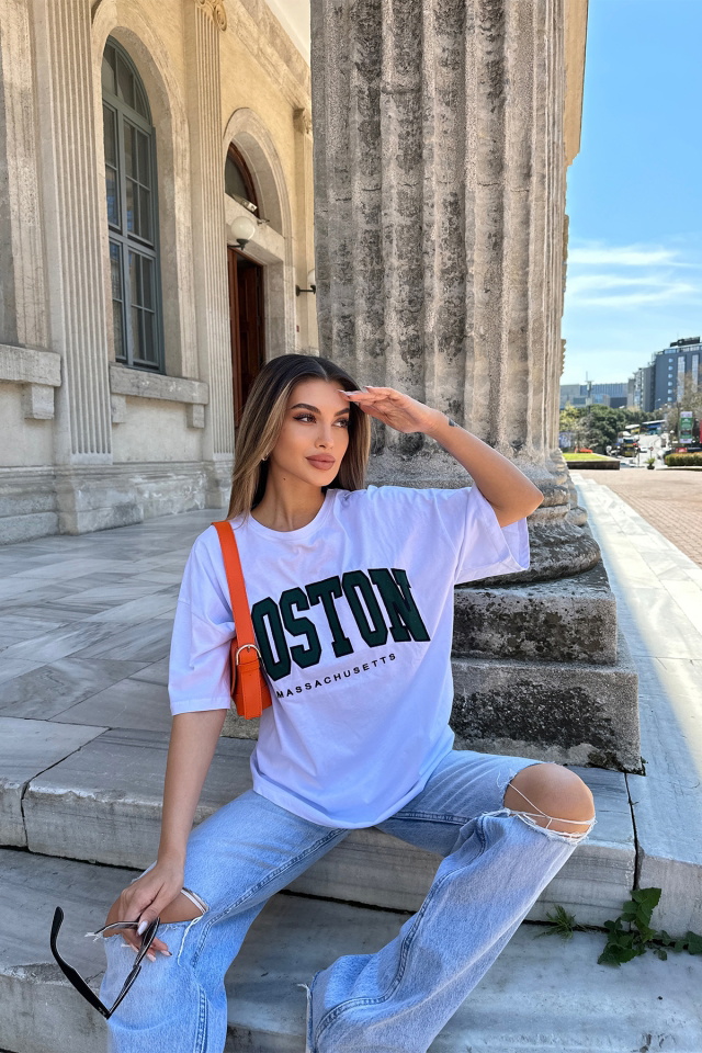 Beyaz Baston Baskılı Tişört ATE5306 - 1