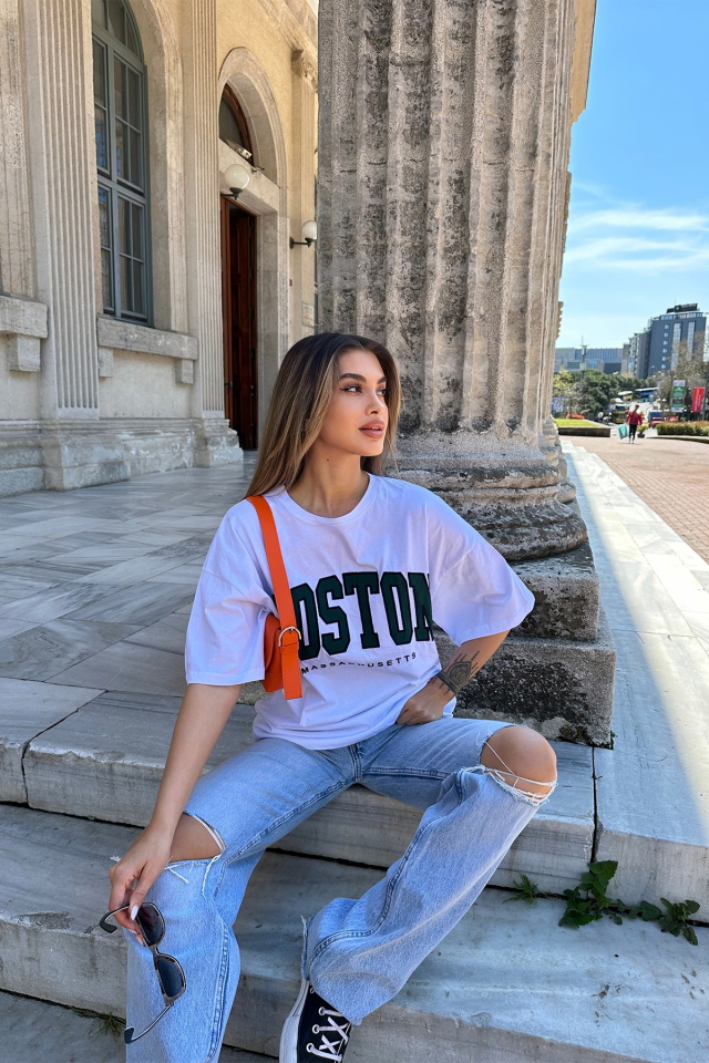 Beyaz Baston Baskılı Tişört ATE5306 - 2