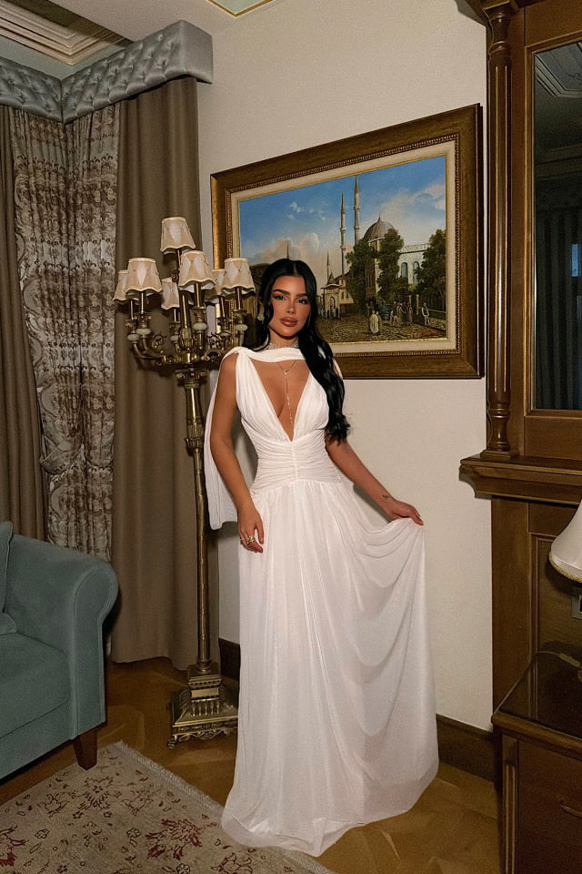 Beyaz Lucyna Uzun Tül Elbise ATE-4213 - 3
