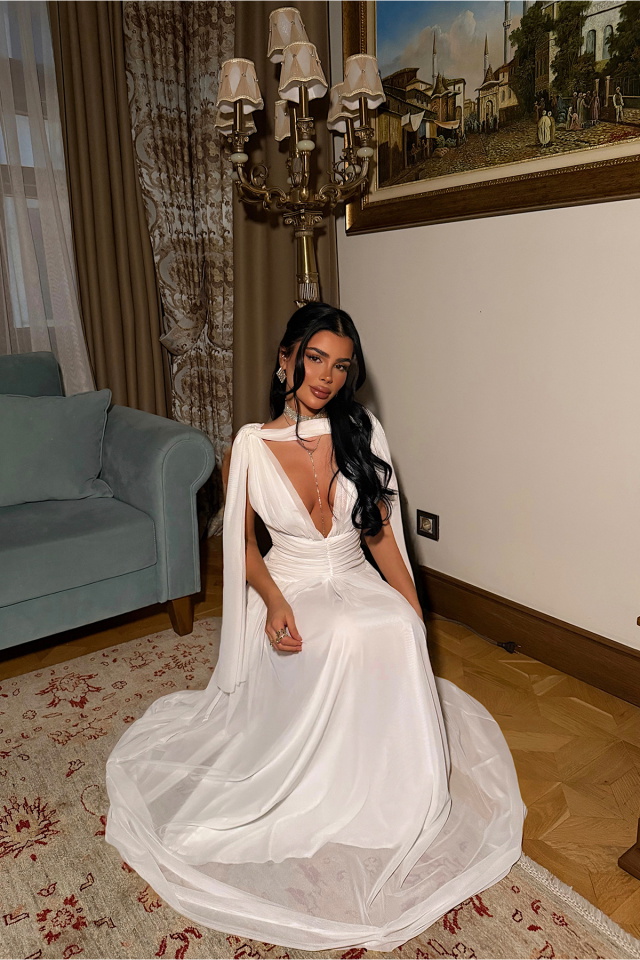 Beyaz Lucyna Uzun Tül Elbise ATE-4213 