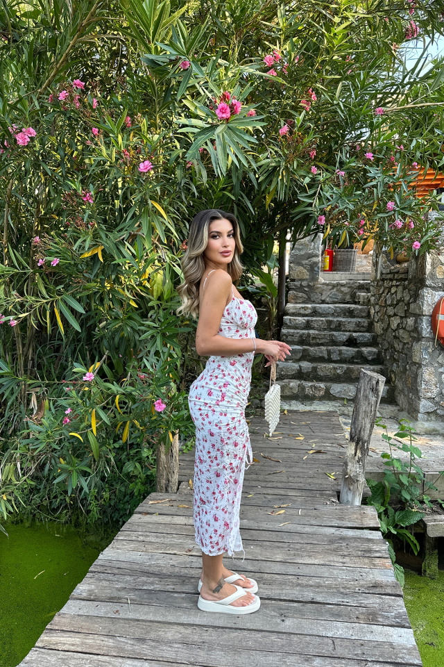 Beyaz Çiçek Desen Derin Yırtmaçlı Elbise ATE7275 - 5