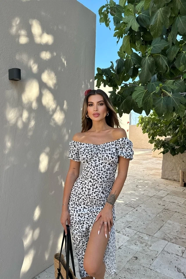 Beyaz Çiçek Desen Derin Yırtmaçlı Elbise ATE8459 - EYYO