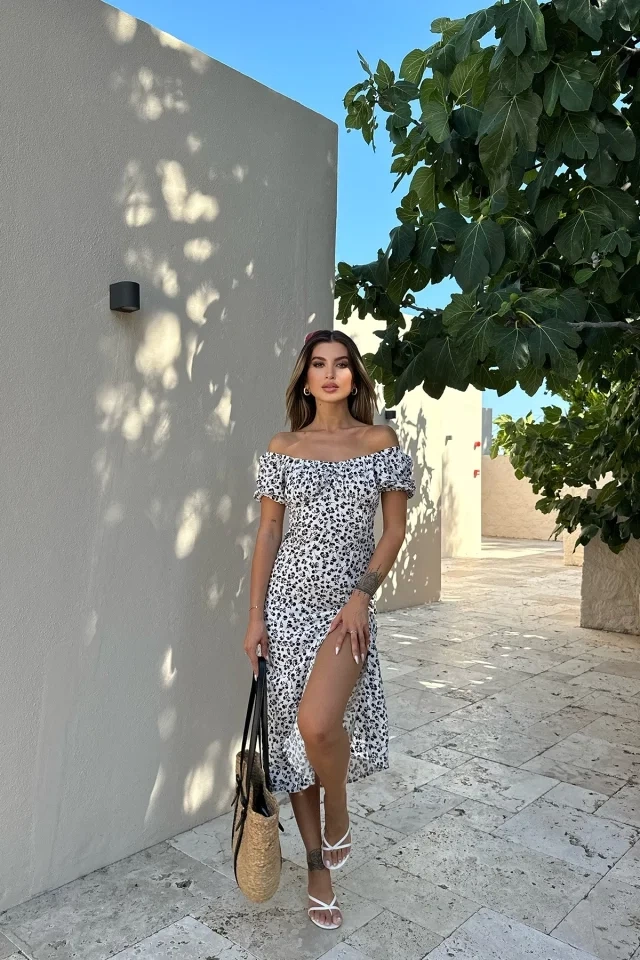 Beyaz Çiçek Desen Derin Yırtmaçlı Elbise ATE8459 - EYYO