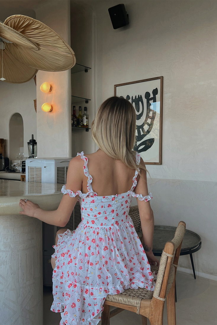 Beyaz Çiçekli Düğme Detay Elbise ATE1575 - ETİKA