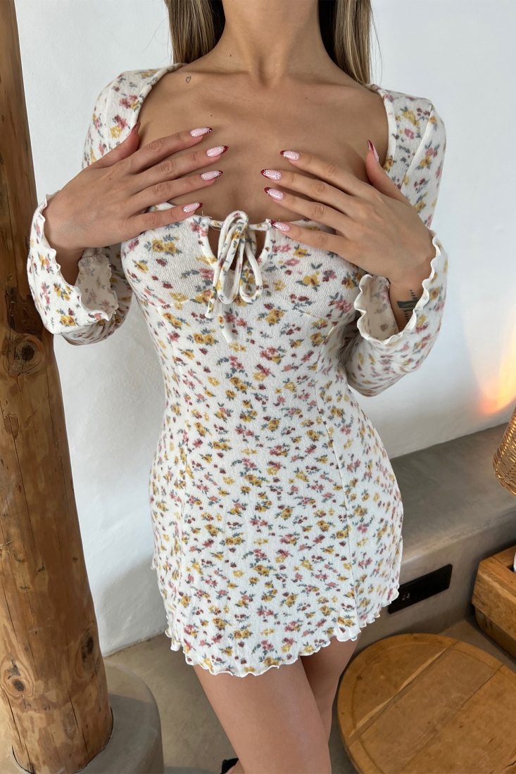 Beyaz Çiçekli Önden Bağlamalı Elbise ATE4527 - EYYO