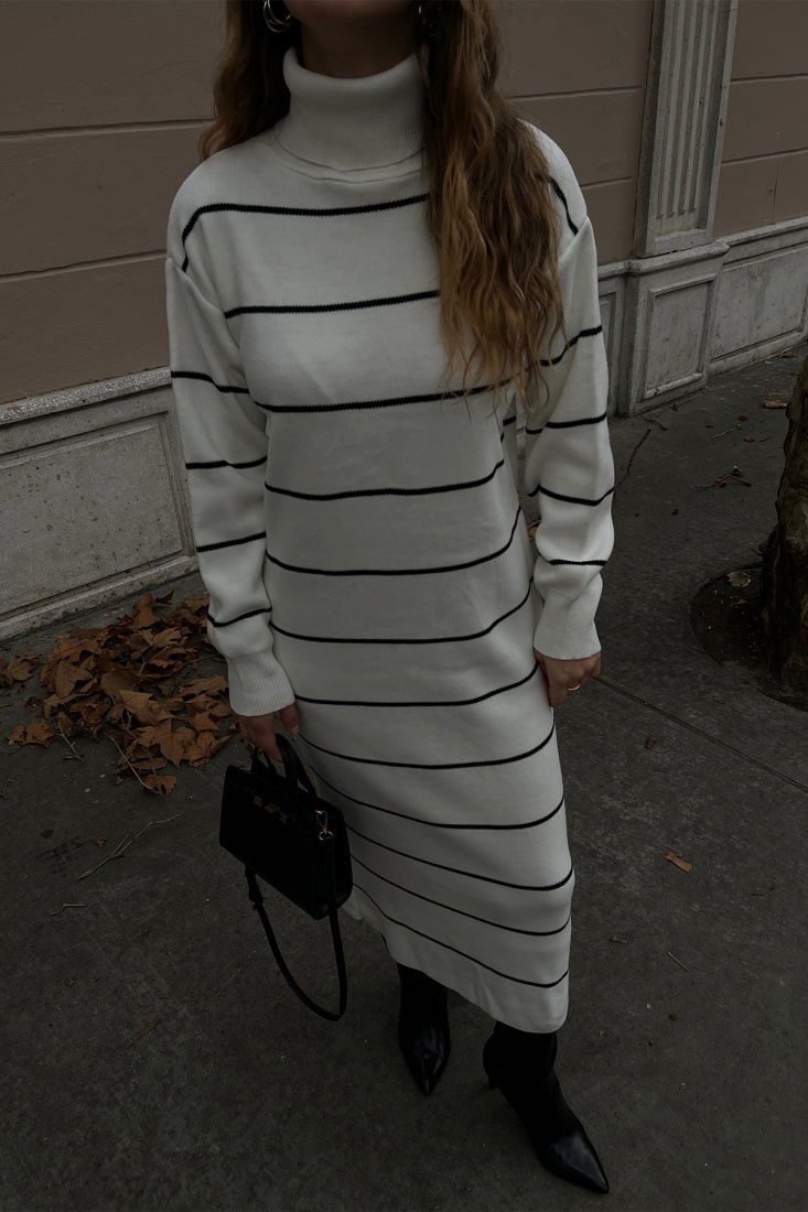 Beyaz Çizgili Uzun Elbise ATE2978 - EYYO