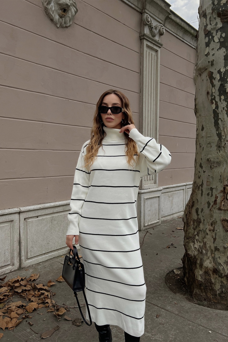 Beyaz Çizgili Uzun Elbise ATE2978 - EYYO