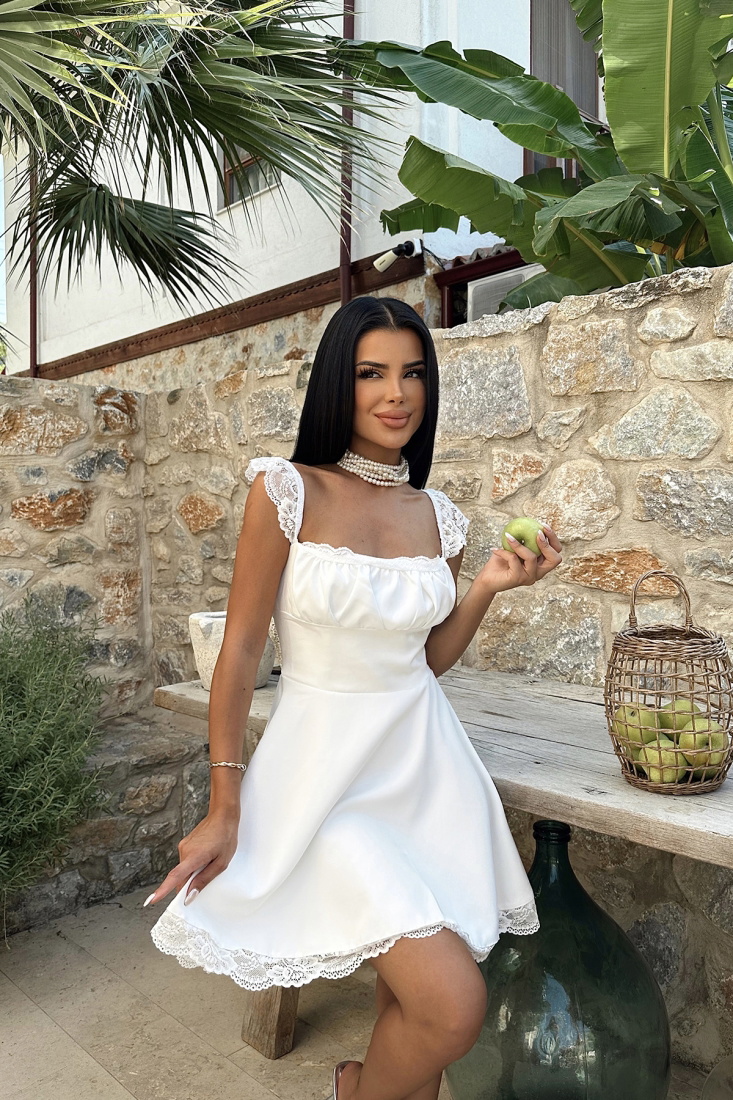 Beyaz Dantel Detay Bağlamalı Elbise ATE7962 - EYYO