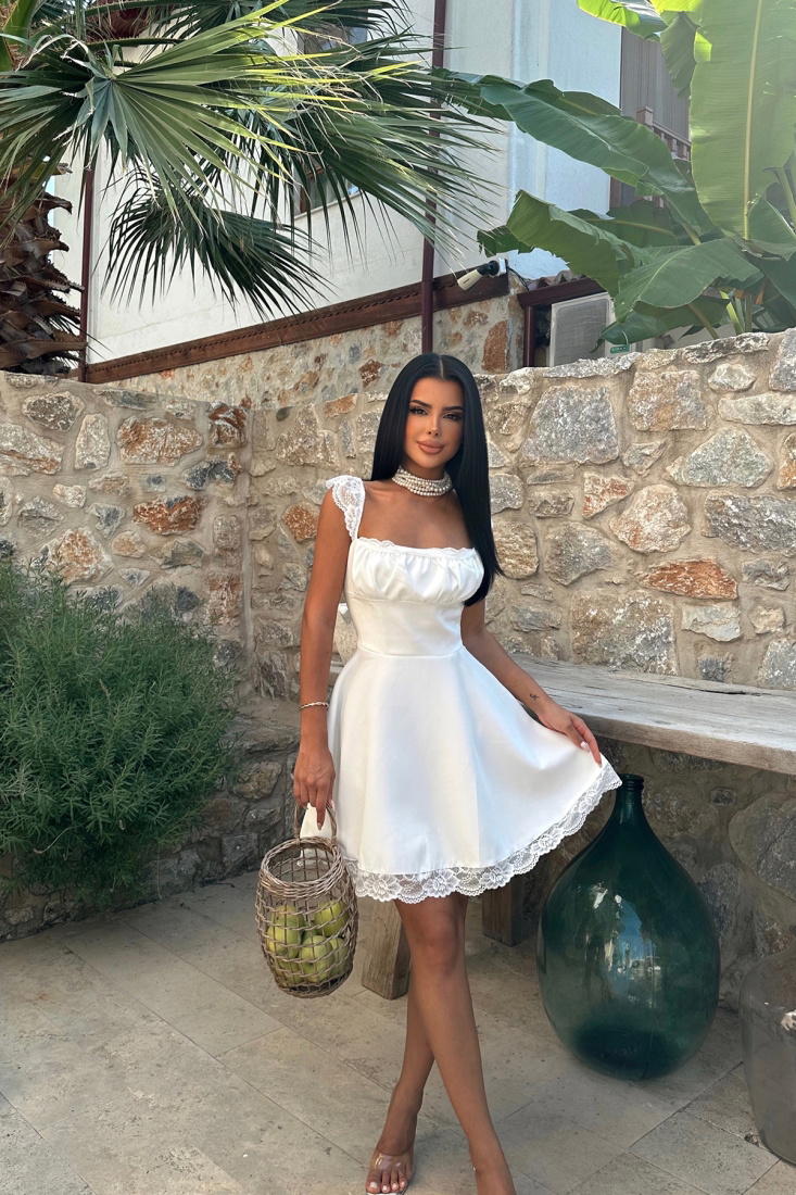 Beyaz Dantel Detay Bağlamalı Elbise ATE7962 - EYYO