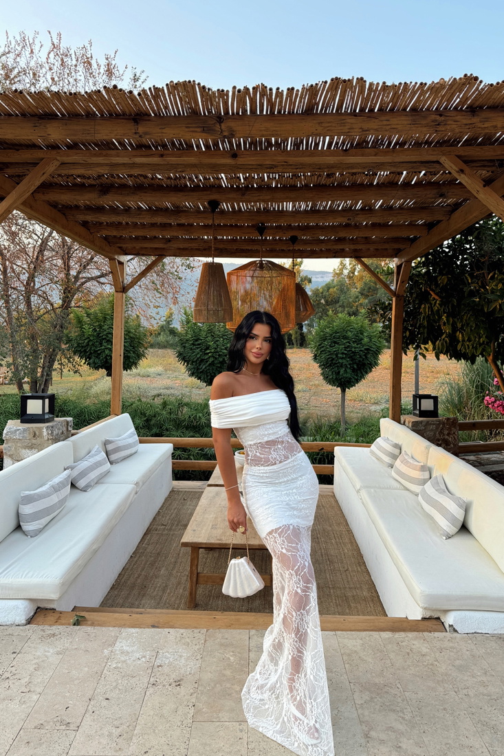 Beyaz Yelena Uzun Dantel Elbise ATE-1392 - EYYO