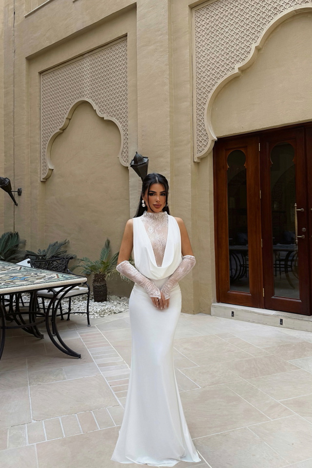 Beyaz Palisades Dantel Uzun Elbise ATE-4721 