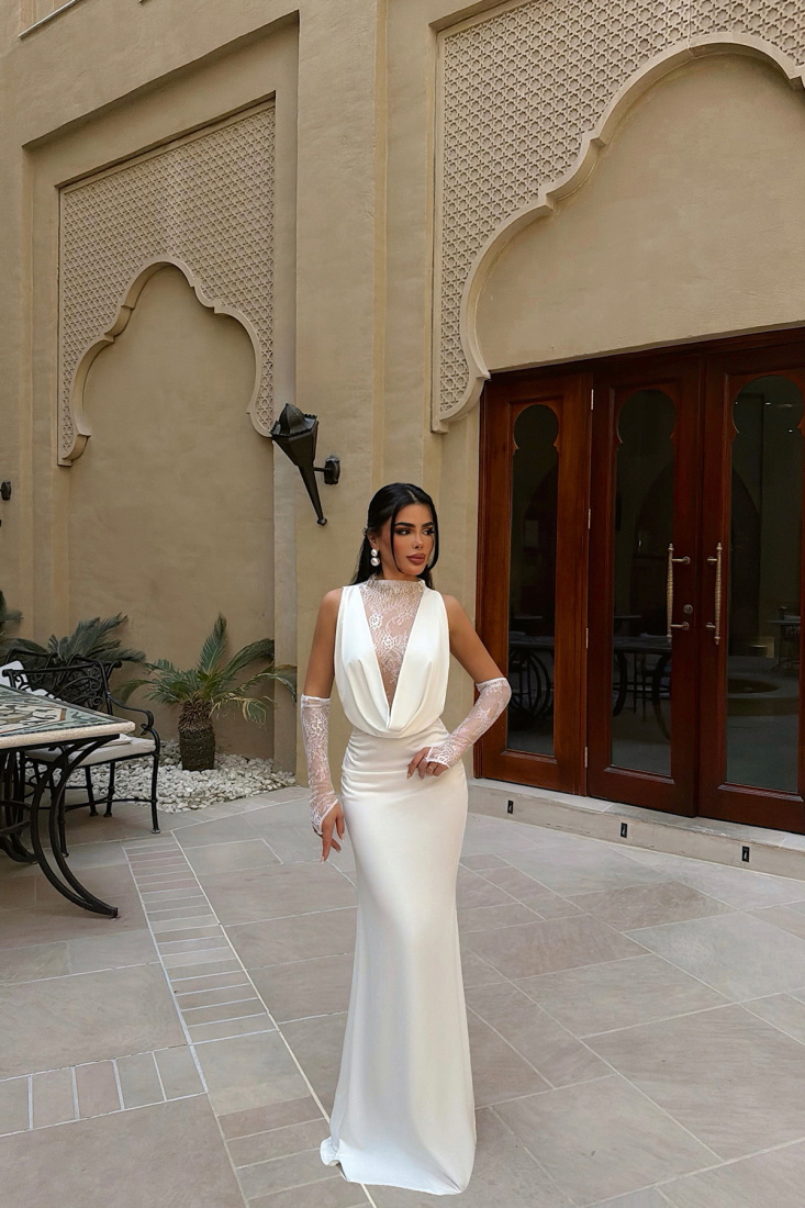 Beyaz Palisades Dantel Uzun Elbise ATE-4721 - EYYO