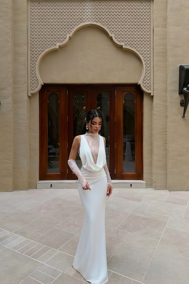 Beyaz Palisades Dantel Uzun Elbise ATE-4721 - 3