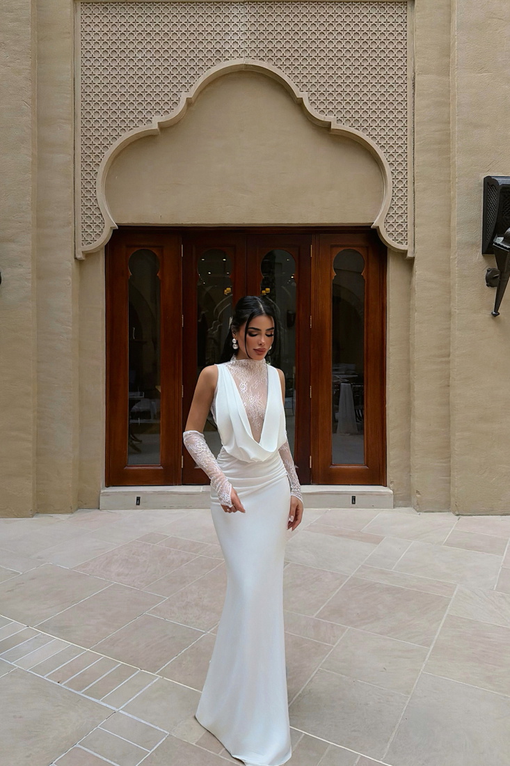 Beyaz Palisades Dantel Uzun Elbise ATE-4721 - EYYO