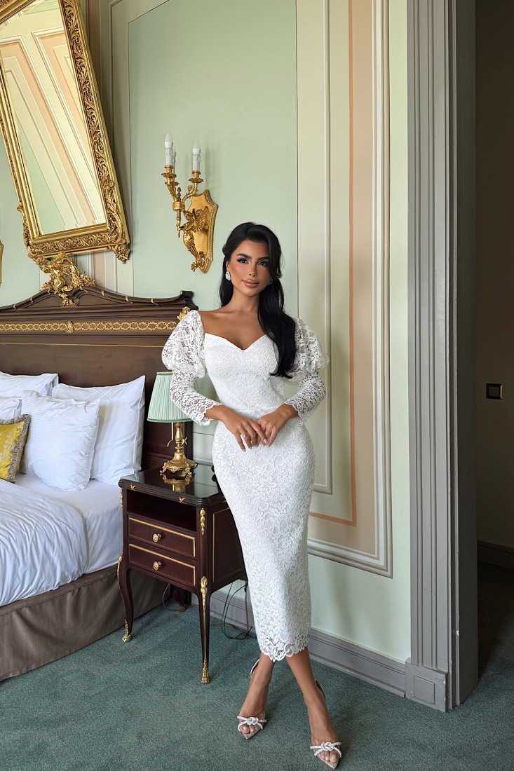 Beyaz Maude Dantelli Midi Boy Elbise ATE-3387 - EYYO