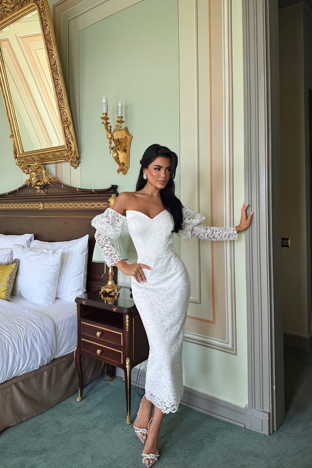 Beyaz Maude Dantelli Midi Boy Elbise ATE-3387 - 2