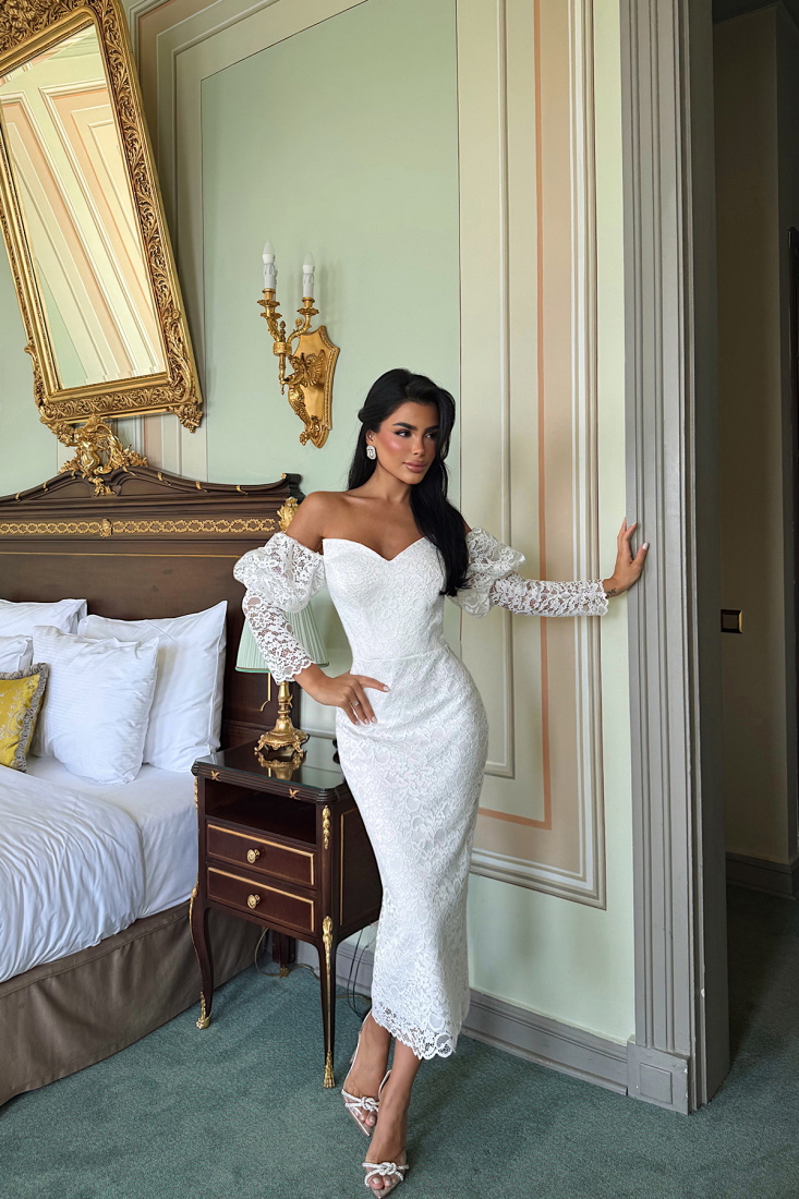 Beyaz Maude Dantelli Midi Boy Elbise ATE-3387 - EYYO