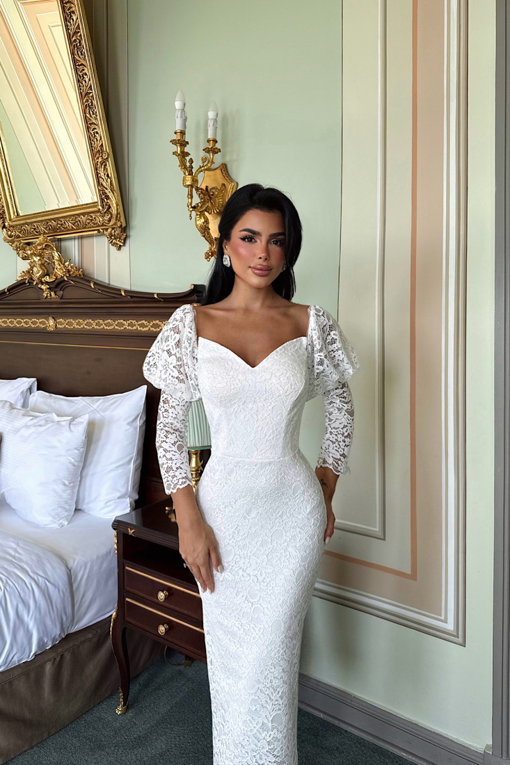 Beyaz Maude Dantelli Midi Boy Elbise ATE-3387 - EYYO