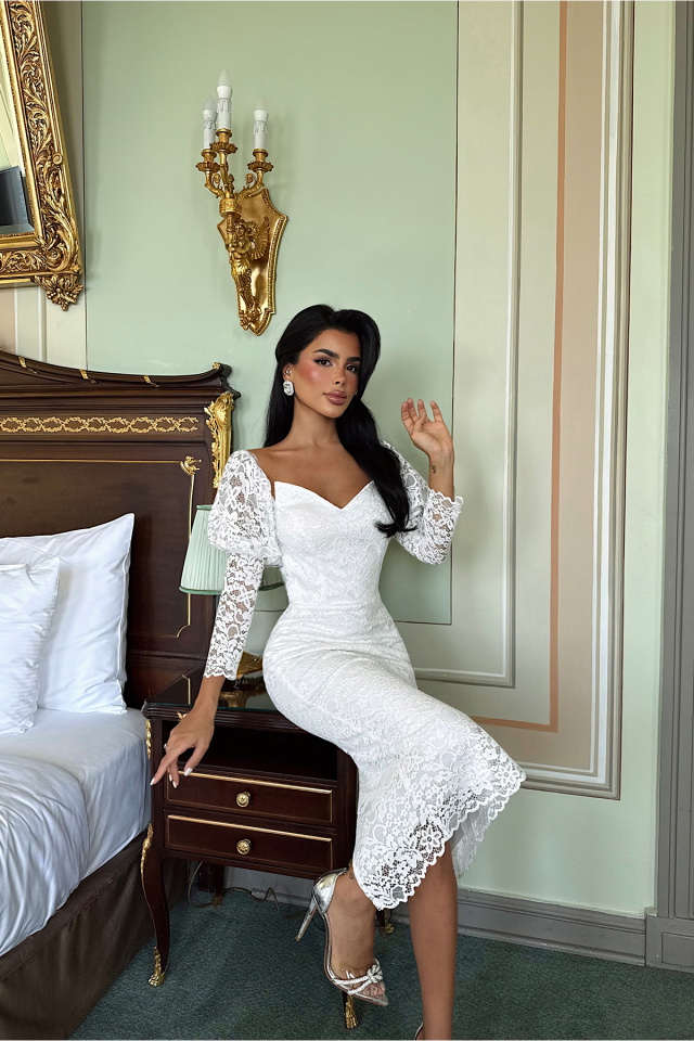 Beyaz Maude Dantelli Midi Boy Elbise ATE-3387 - 4