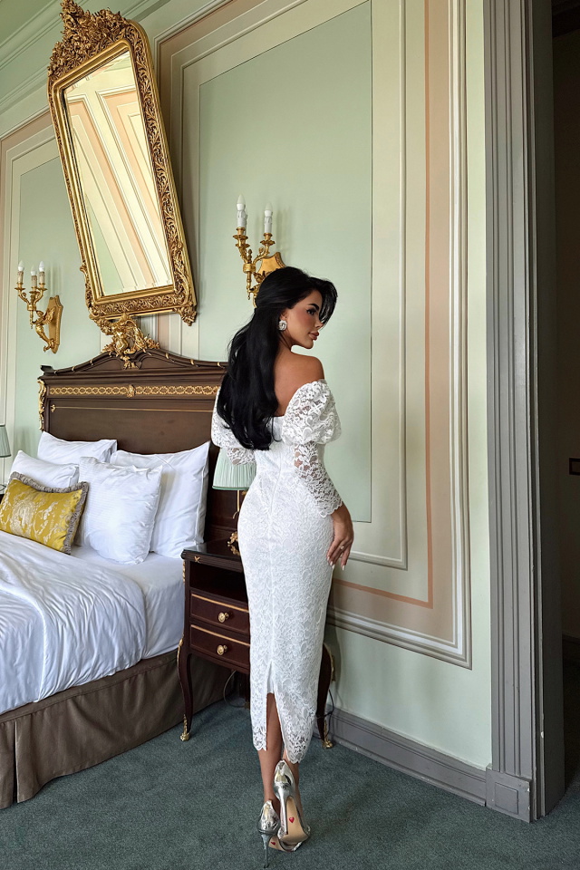 Beyaz Maude Dantelli Midi Boy Elbise ATE-3387 - 5