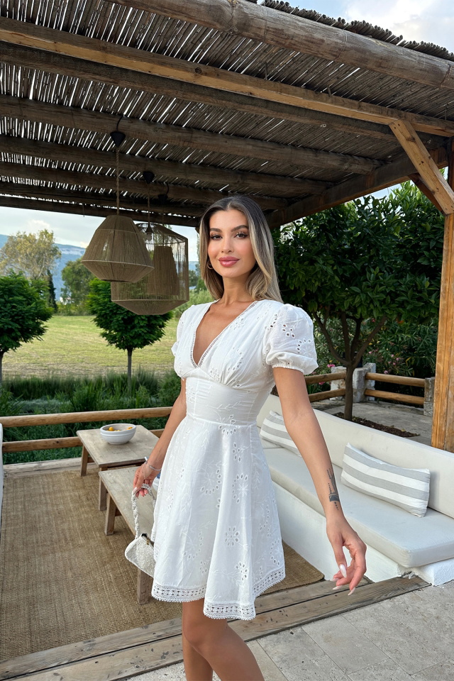Beyaz Dantel Detay Mini Elbise ATE7268 - 4