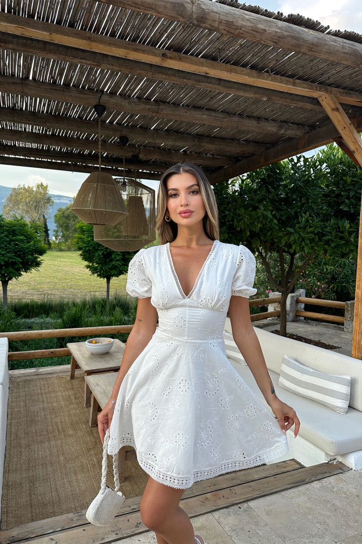 Beyaz Dantel Detay Mini Elbise ATE7268 - EYYO