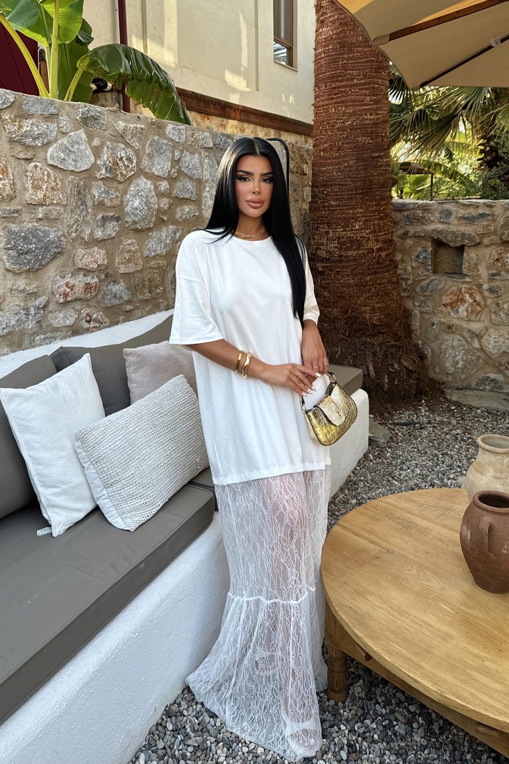 Beyaz Dantel Detay Uzun Elbise ATE-1056 - EYYO