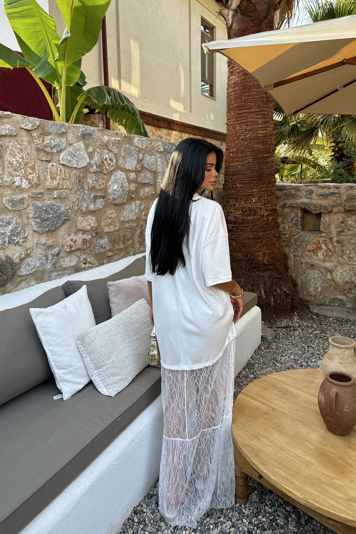 Beyaz Dantel Detay Uzun Elbise ATE-1056 - EYYO