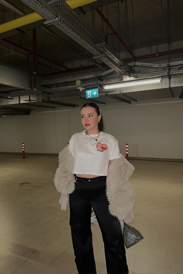 Beyaz Desert Rose Baskılı Crop Top ATE6165