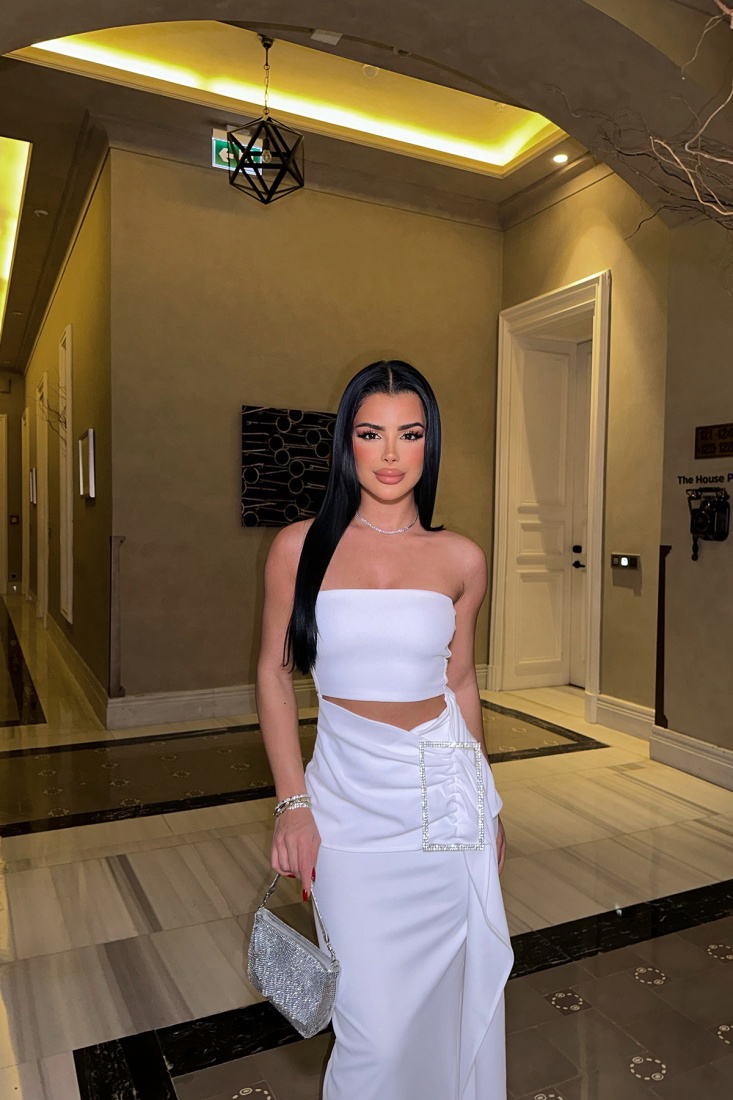 Beyaz Diana Taş Detay Elbise ATE7655 - EYYO