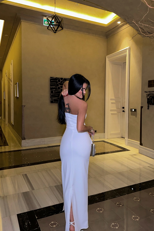 Beyaz Diana Taş Detay Elbise ATE7655 - 5