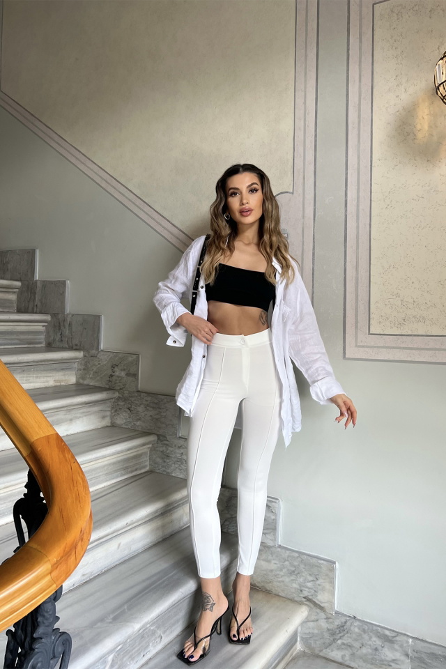 Beyaz Dikiş Detay Dar Pantolon ATE4372 
